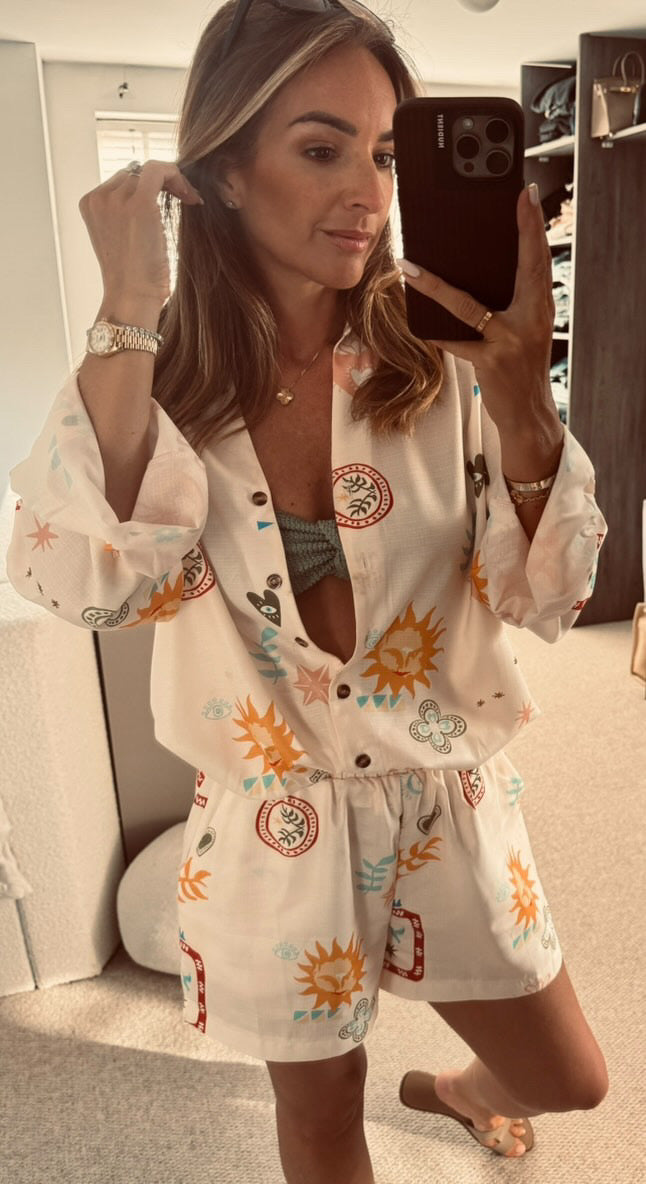 Linen Style Shirt & Short Set - Multi Print
