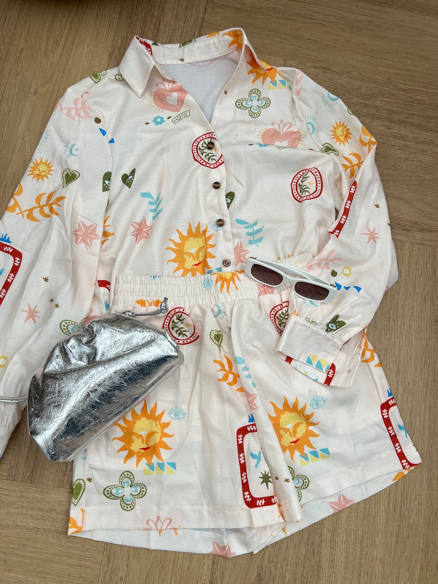 Linen Style Shirt & Short Set - Multi Print