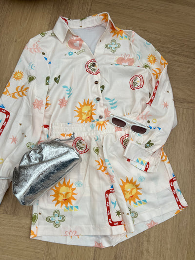 Linen Style Shirt & Short Set - Multi Print