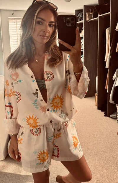 Linen Style Shirt & Short Set - Multi Print