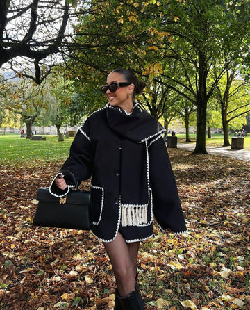 Patchwork Lightweight Tassel Jacket With Scarf