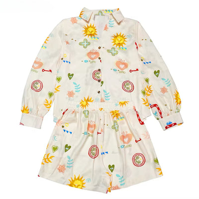 Linen Style Shirt & Short Set - Multi Print