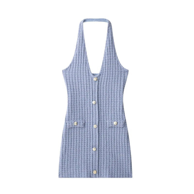 Halterneck Backless Dress With Buttons